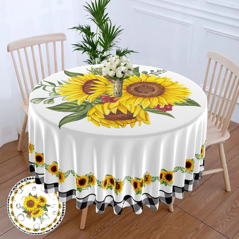 Wasserdichte runde Tischdecke aus Polyester mit Sonnenblumen-Ölgemälde-Design im böhmischen Stil, Durchmesser: 160 cm - Bild 4