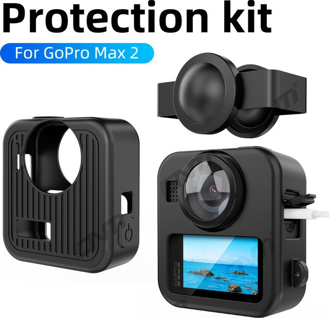 Stoßfeste Silikonhülle für GoPro Max2 in Schwarz mit Schutz für Batteriefach und Objektivdeckel - Bild 1