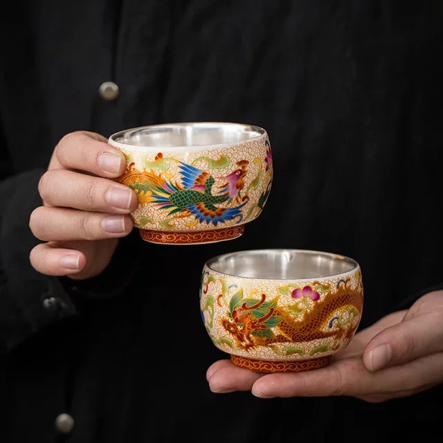 Teetasse Silber, vergoldet, Drachen- und Phönix-Filigran-Emaille - Bild 1
