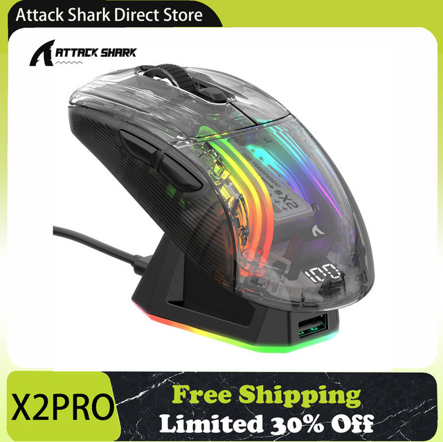 ATTACK SHARK X2 Pro Tri-Mode-Gaming-Maus mit RGB-Ladestation, transparentes Gehäuse in Weiß, PixArt 3212 Sensor und bis zu 4000 DPI - Bild 1