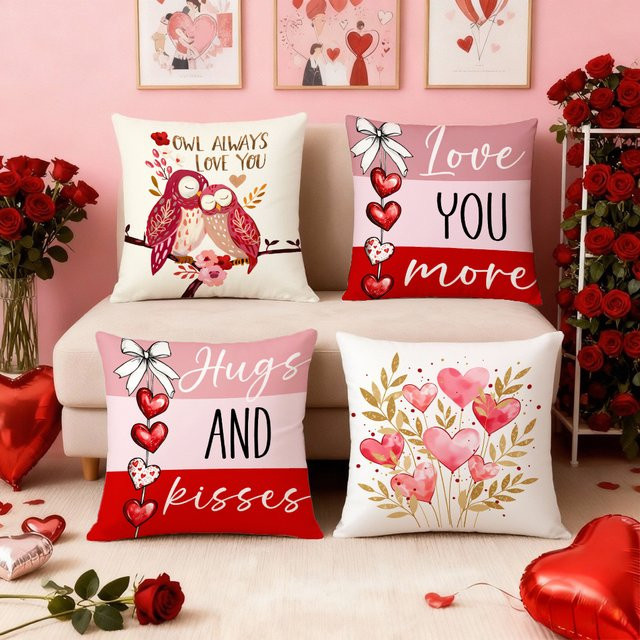 VIKAMA Kissenbezug-Set mit Eulen- und Herzmotiv, quadratisch, Mehrfarbig, B/H: 30 x 30 cm - Bild 1