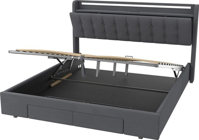 okwish Polsterbett mit Bettkasten und LED-Licht in Grau, inklusive USB-Ladeport und Matratze, B/T/H: 180 x 200 x 215,5 cm - Bild 1