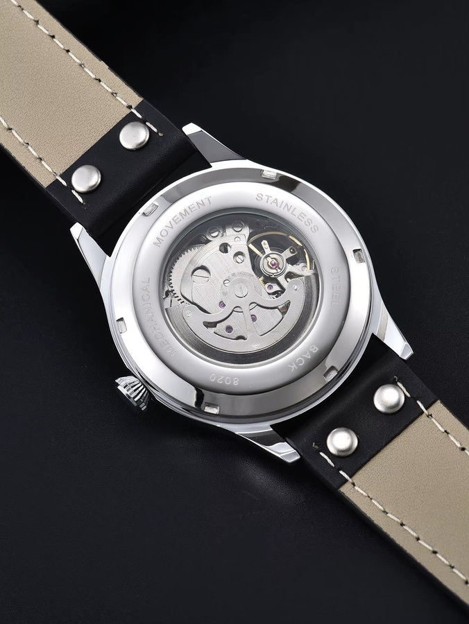 LONGLUX Armbanduhr Automatik, Piloten-Skelett, Edelstahl, Leder, Herren - Bild 5