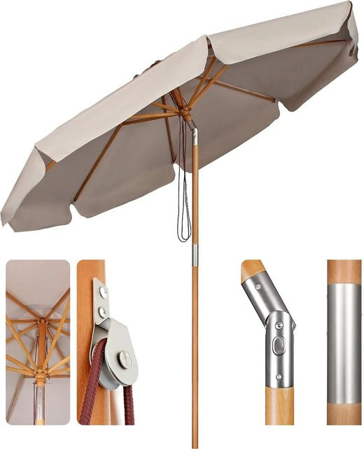 Sekey Sonnenschirm aus Holz mit UPF50+ Sonnenschutz, rund, Durchmesser: 300 cm, Farbe: Beige/Creme/Taupe - Bild 1