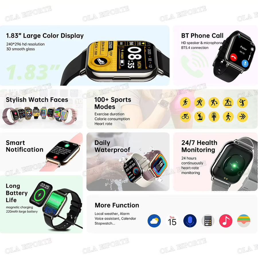 Ola Esporte Smartwatch in Schwarz mit Herzfrequenz-, Blutsauerstoff- und Blutdruckmessung, Schlafüberwachung, Bluetooth-Anruffunktion und Sprachassistent - Bild 6
