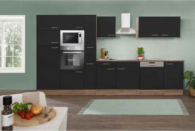 Respekta Küchenzeile KB370EYSMIGKE modern in Schwarz Seidenglanz mit Eiche-York Nachbildung, Breite: 370 cm, Höhe: 205 cm - Bild 1