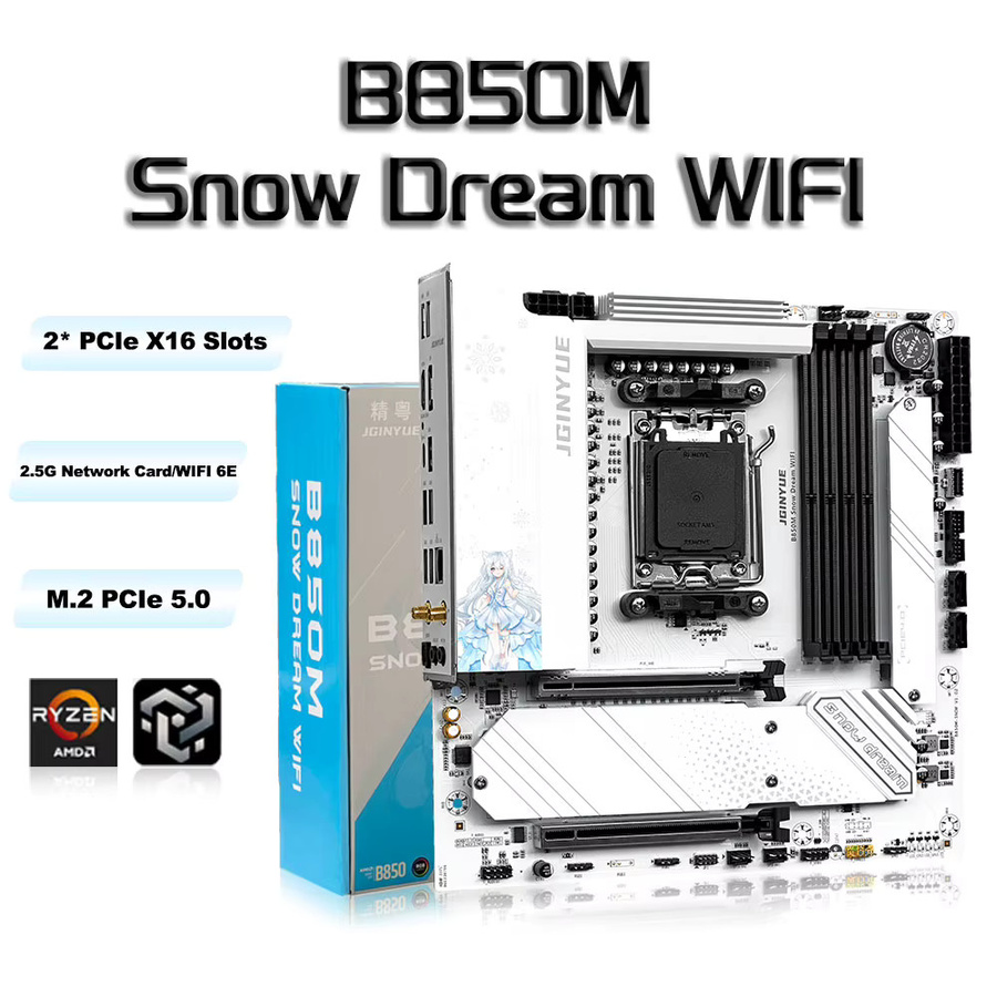 JGINYUE B850M Snow Dream WIFI Motherboard in Weiß, M-ATX Mainboard mit DDR5, AMD850 Chipsatz und Wi-Fi - Bild 3