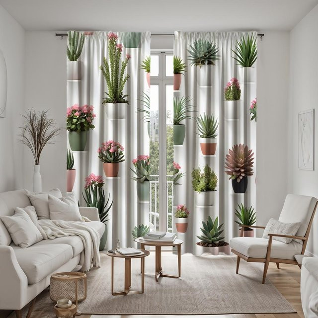 2er-Set dekorative Vorhänge mit digitalem Grünpflanzen-Print in Weiß und Multicolour, B: 132 cm, H: 160 cm - Bild 1