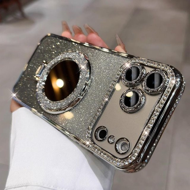 MagSafe Handyhülle mit Glitzer Diamant und Spiegel für Apple iPhone 16 Pro Max 15 14 13 12 in Silber und Multicolour mit Kamera-Linsenschutz und Ständer - Bild 1