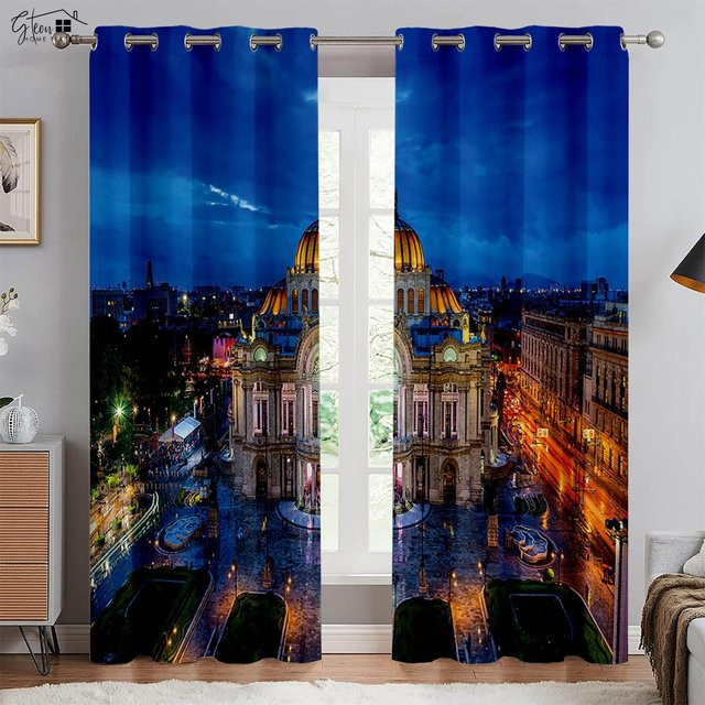 Minimalistische Stadtbau Vorhänge mit 3D-Druck Nachtansicht und Neon-Effekt, 2er-Set, Farbe: Mehrfarbig, B: 50 cm, H: 130 cm - Bild 1