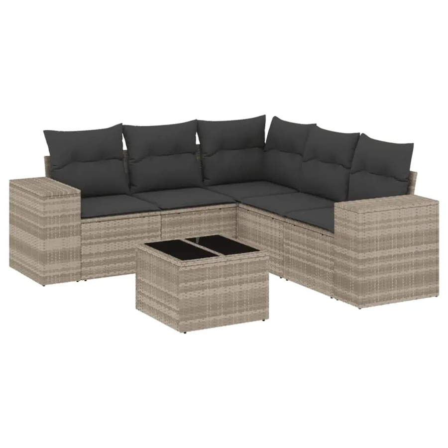 vidaXL 6-teilige Garten-Sofagarnitur in L-Form aus Polyrattan mit Sitzkissen und Stauraum, Hellgrau - Bild 2