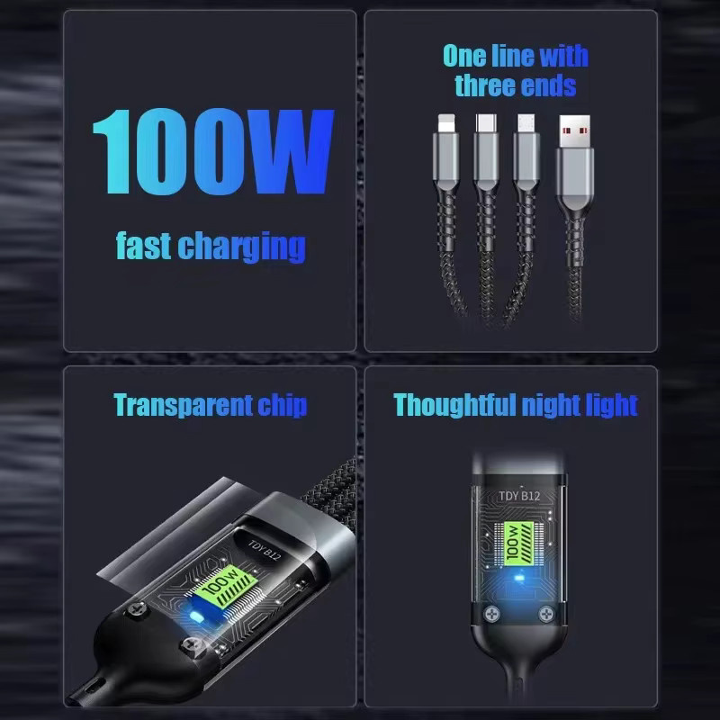 KADIXI 3-in-1 Schnellladekabel 100W Transparent USB-C und Micro-USB in Schwarz - Bild 6