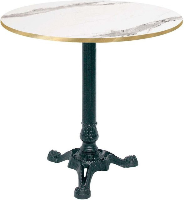 RestooTab Bistrotisch rund in Weiß und Grau mit messingfarbenen Kanten und schwarzem Gestell, Durchmesser: 70 cm, Höhe: 73 cm - Bild 1
