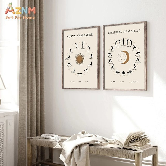 AZNM Surya Chandra Namaskar Yoga Pose Leinwanddruck als Boho Wandkunst für dein Yoga Studio oder Schlafzimmer - Bild 1