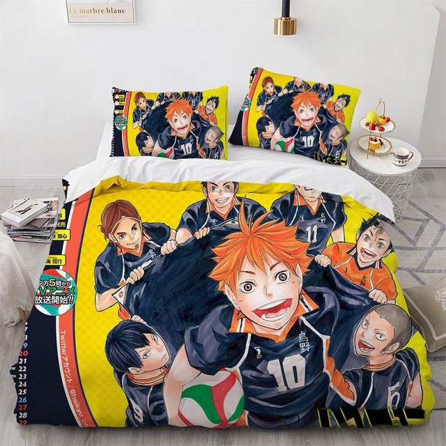 Haikyuu Volleyball Bettwäsche-Set mit Cartoon-Motiv für Erwachsene und Jugendliche, bestehend aus Bettbezug und Kissenbezug, Mehrfarbig, B/H: 135 x 200 cm - Bild 1