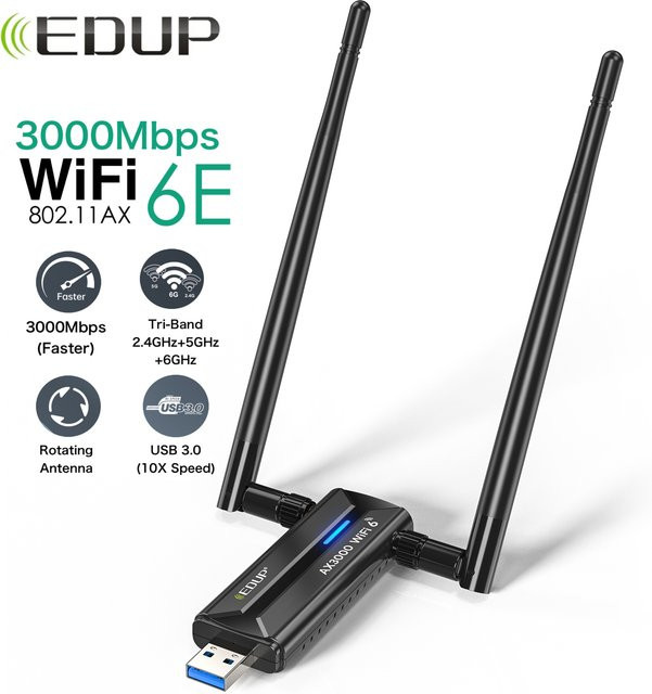 EDUP AX1672 WiFi 6E USB 3.0 Netzwerkkarte, Tri-Band 2.4G/5G/6G WLAN Dongle mit Hochleistungsantenne, Schwarz - Bild 1