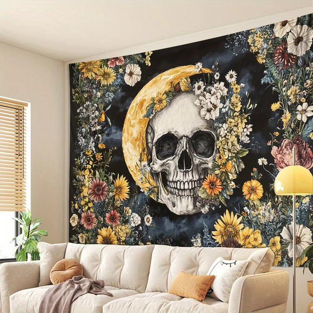 VIKAMA Halloween Wandteppich mit Totenkopf und Blumen in Multicolour, Rechteckiger Wandbehang im Boho-Stil, Breite: 60 cm, Höhe: 40 cm - Bild 1
