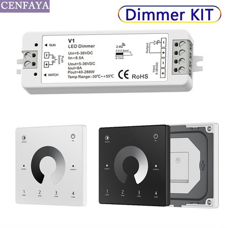 CENFAYA V1 LED-Dimmer Set mit 2,4 G RF-Fernbedienung und Touch-Schalter für einfarbige LED-Streifen, 1 Kanal, 4 Zonen, kompatibel mit 5 V, 12 V, 24 V und 36 V