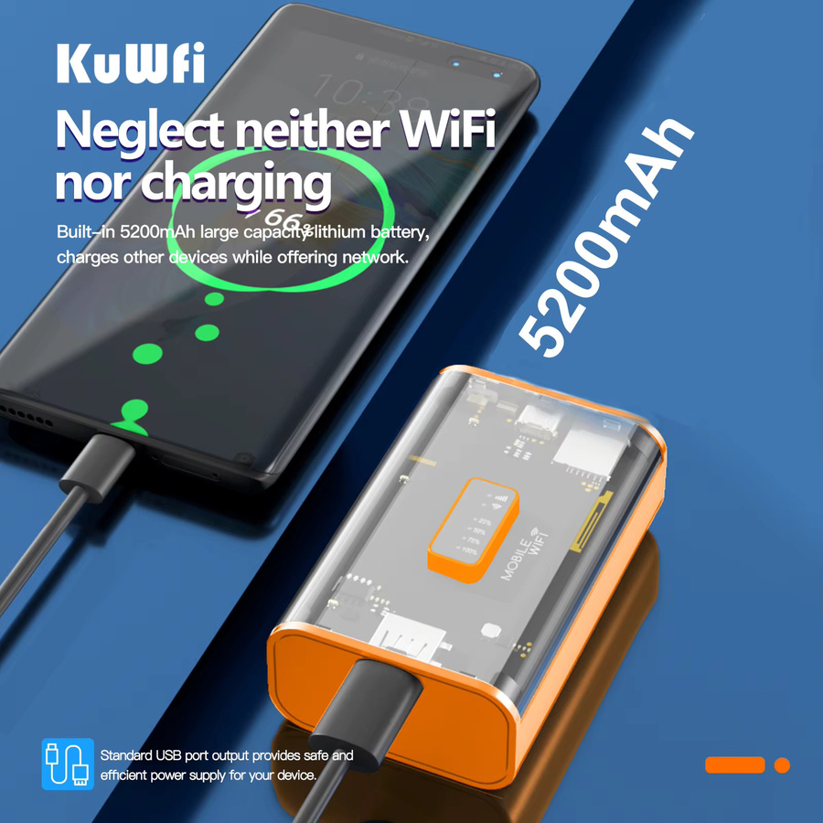 KuWFi 4G Mobile Router mit 5200 mAh Akku, 150 Mbit/s, 2,4 GHz WLAN, USB-C und Nano-SIM-Slot, Orange - Bild 3