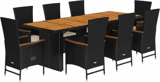 vidaXL 9-teilige Garten-Essgruppe aus schwarzem PE-Rattan und Akazienholz mit Kissen - Bild 1