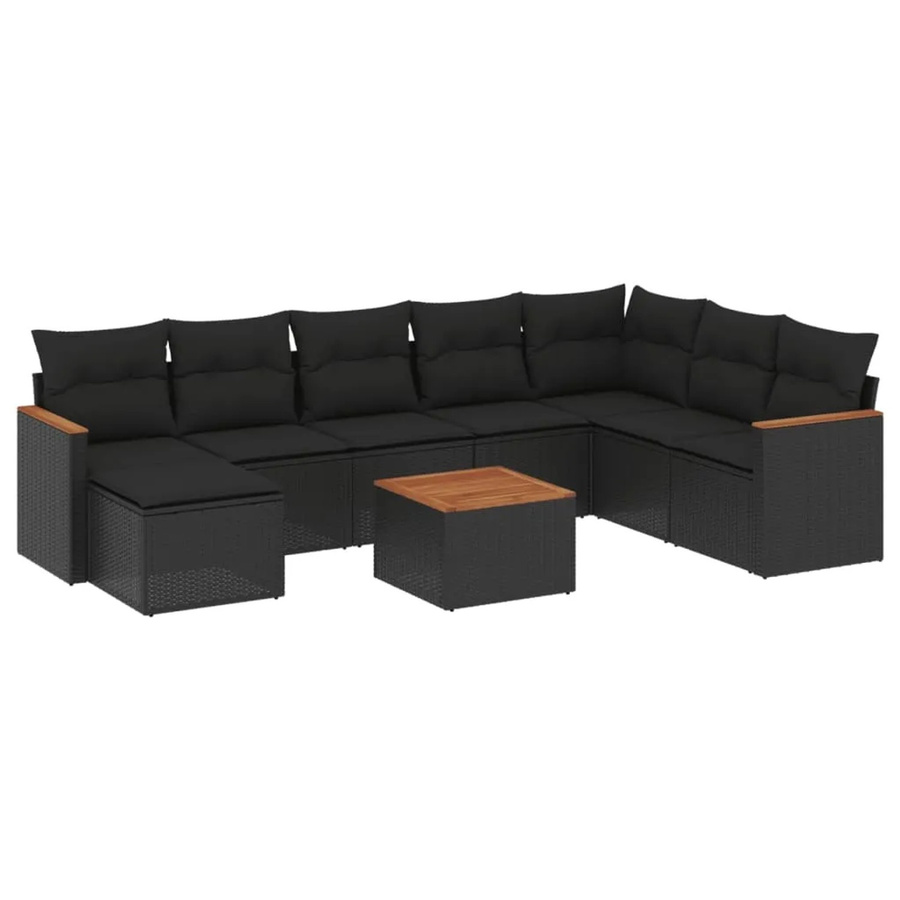 vidaXL 9-tlg Garten-Sofagarnitur in L-Form aus Poly-Rattan und Akazienholz mit Kissen in Schwarz - Bild 2