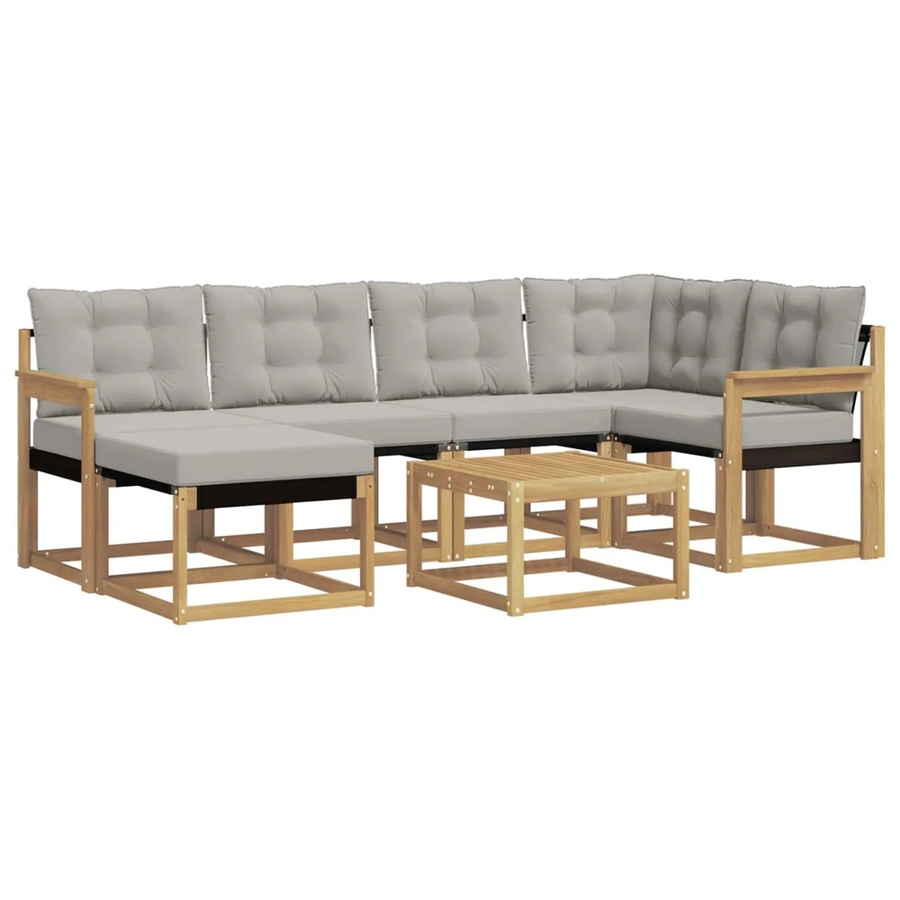 vidaXL Outdoor-Sofagarnitur 7-teilig in L-Form aus Akazienholz mit Textilene-Bezug und Kissen in Weiß-Hellgrau - Bild 2