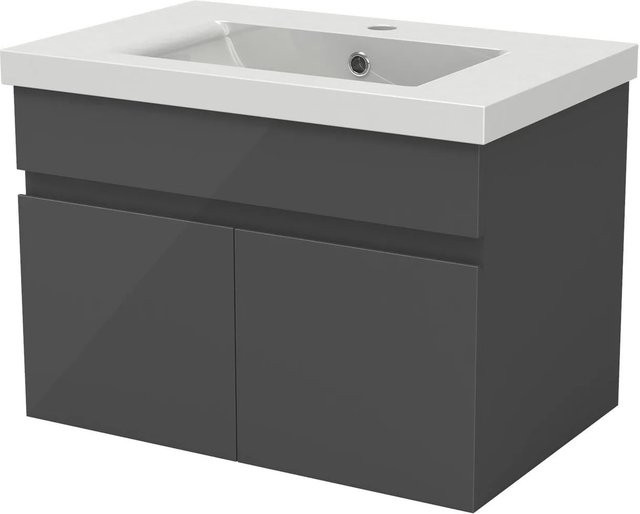 AICA Badmöbel BERGEN 2-teiliges Waschbecken-Set mit Keramik-Waschtisch und Unterschrank, Hochglanz Anthrazit, Grifflos mit Softclose-Türen, Breite: 60 cm - Bild 1