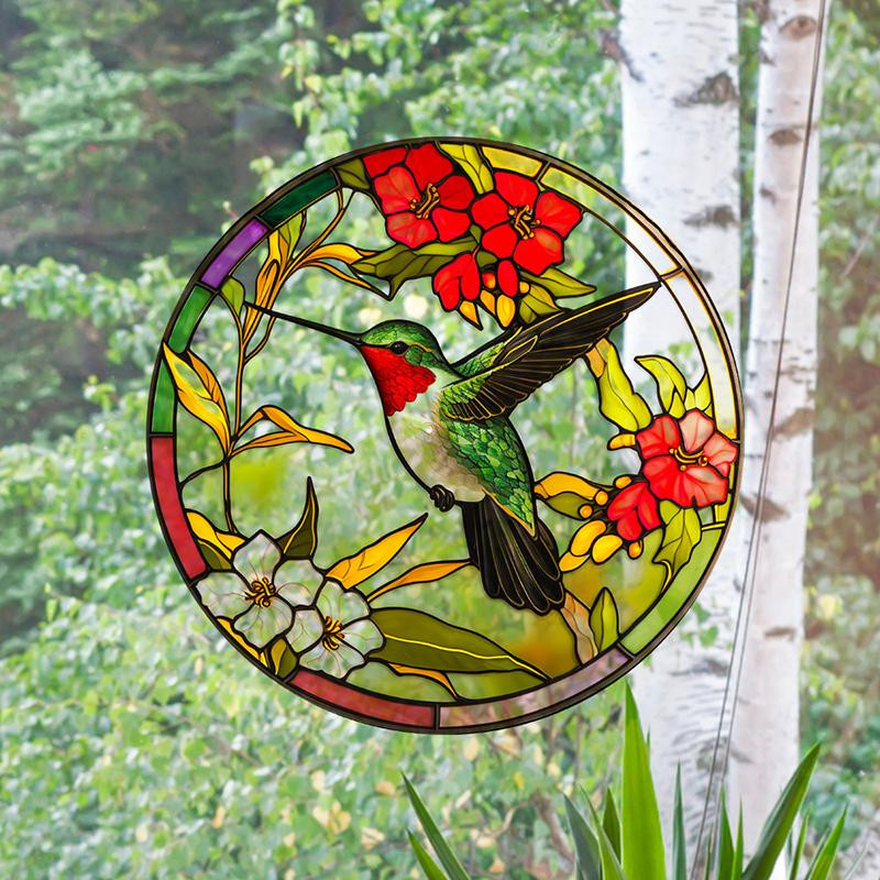 Elektrostatischer Fensteraufkleber von a3Electronic im Retro-Design mit Kolibris, Schmetterlingen und Blumen in Bunt - Bild 1