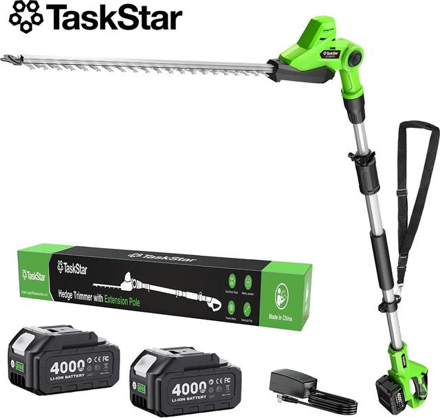 TaskStar kabellose Stiel-Heckenschere mit 2,4 m Verlängerungsstiel und Doppelaktionsmesser, passend für Makita 18-V-Akkus, inklusive 2 x 4,0-Ah-Akkus, Farbe: Grün - Bild 1