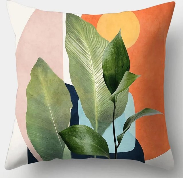 Künstlerische quadratische Kissenhülle mit abstraktem Pflanzen-Design aus Peach Skin, B/B/H: 45 x 45 x 45 cm - Bild 1