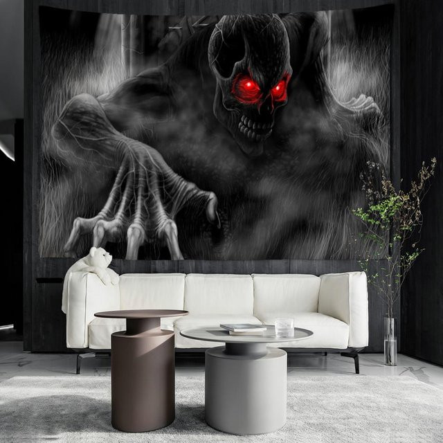 Rotäugiger Totenkopf Wandteppich von Binchi Outdoor Equipment, abstrakter Horror-Wandbehang in Multicolour, Breite: 150 cm, Höhe: 130 cm - Bild 1