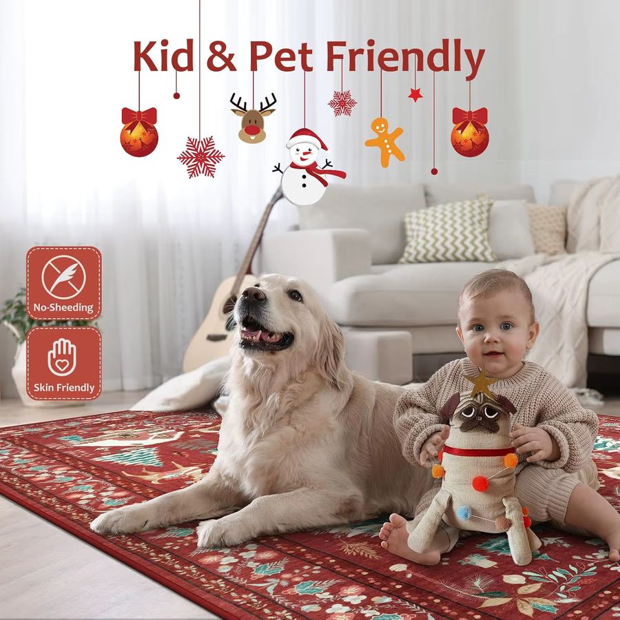 VIKAMA Weihnachts Teppich im Bohemian Design, Rot, Rutschfeste und Verschleißfeste Bodenmatte für Wohnzimmer und Schlafzimmer - Bild 4