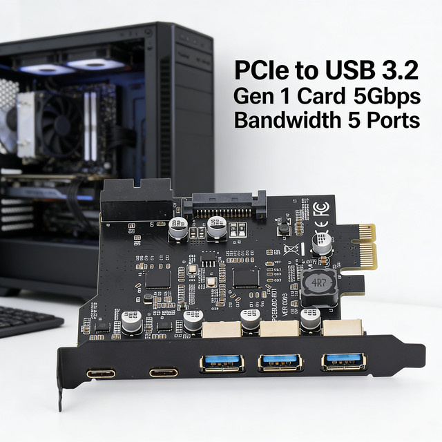 Qiilu PCIe zu USB 3.2 Erweiterungskarte mit 5 Anschlüssen (2x USB Typ C und 3x USB Typ A) in Schwarz für Desktop-PC - Bild 1