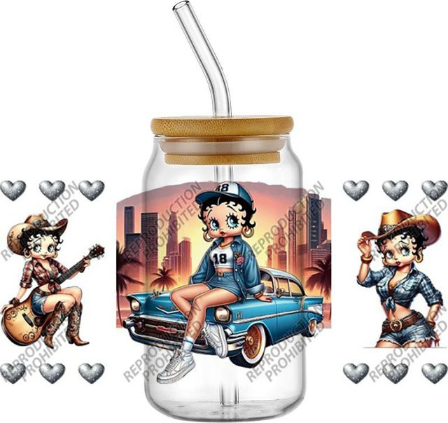 10 Stück UV DTF 3D Transfer Aufkleber mit Cartoon Mädchen Cowgirl Motiv für Glasbecher zur DIY Dekoration, Mehrfarbig - Bild 1