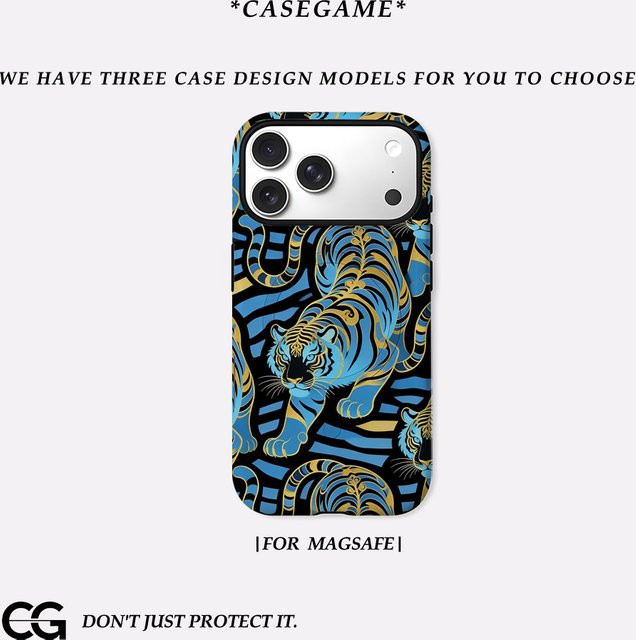 Casegame Matte Bumper Schutzhülle mit MagSafe für iPhone 17 16 15 14 13 Pro Max, Stoßfeste PC Hülle, Blau-Gold Tiger - Bild 1