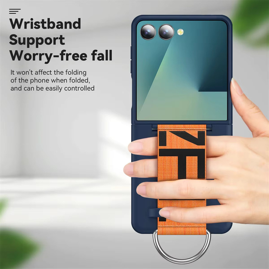 Flip7 Luxuriöse matte PC-Handyhülle für Samsung Galaxy Z Flip 5, Z Flip 6 und Z Flip 7 mit Handschlaufe, Ringhalter und Handkette in Blau oder Orange - Bild 2
