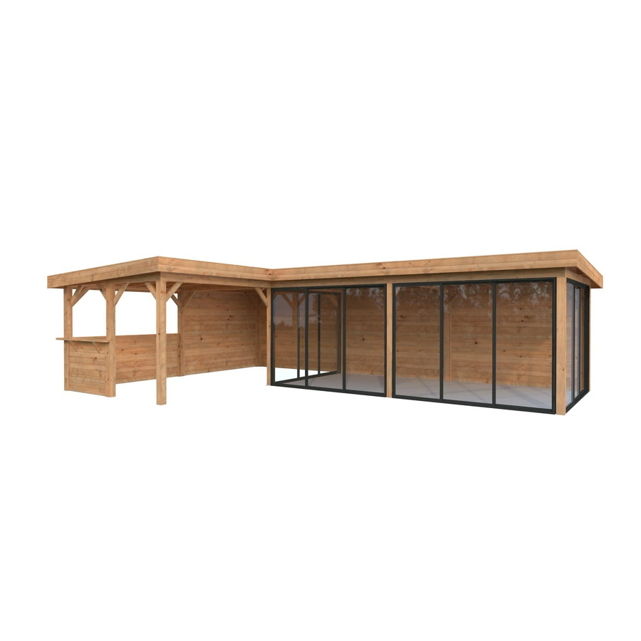 PALMAKO Pavillon Lenna Set 421 Slide aus Fichtenholz in Braun mit Alu-Schiebetüren, Eck-Tresenanlage und Flachdach, B/H/T: 876 x 245 x 588 cm - Bild 2