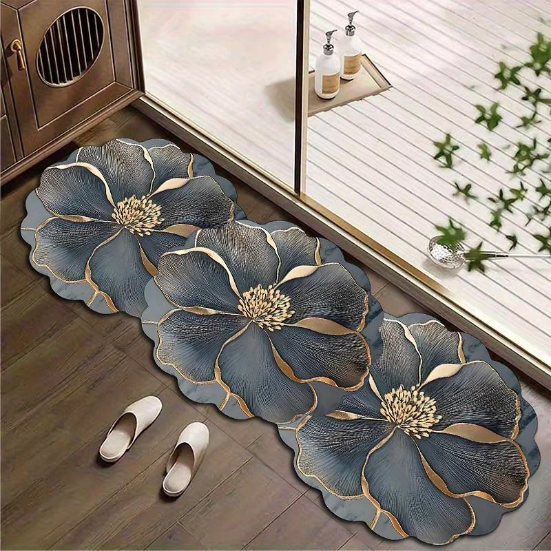 VIKAMA Luxus-Blumenteppich in Tiefblau mit Goldfaden-Blütenblättern, rutschfest und wasserabsorbierend im modernen nordischen Design - Bild 5