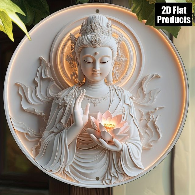 Potdemiel Runde Aluminium-Wandkunst Buddha mit Lotusblüten-Design in Weiß, Vintage Dekor, Durchmesser: 20,32 cm - Bild 1