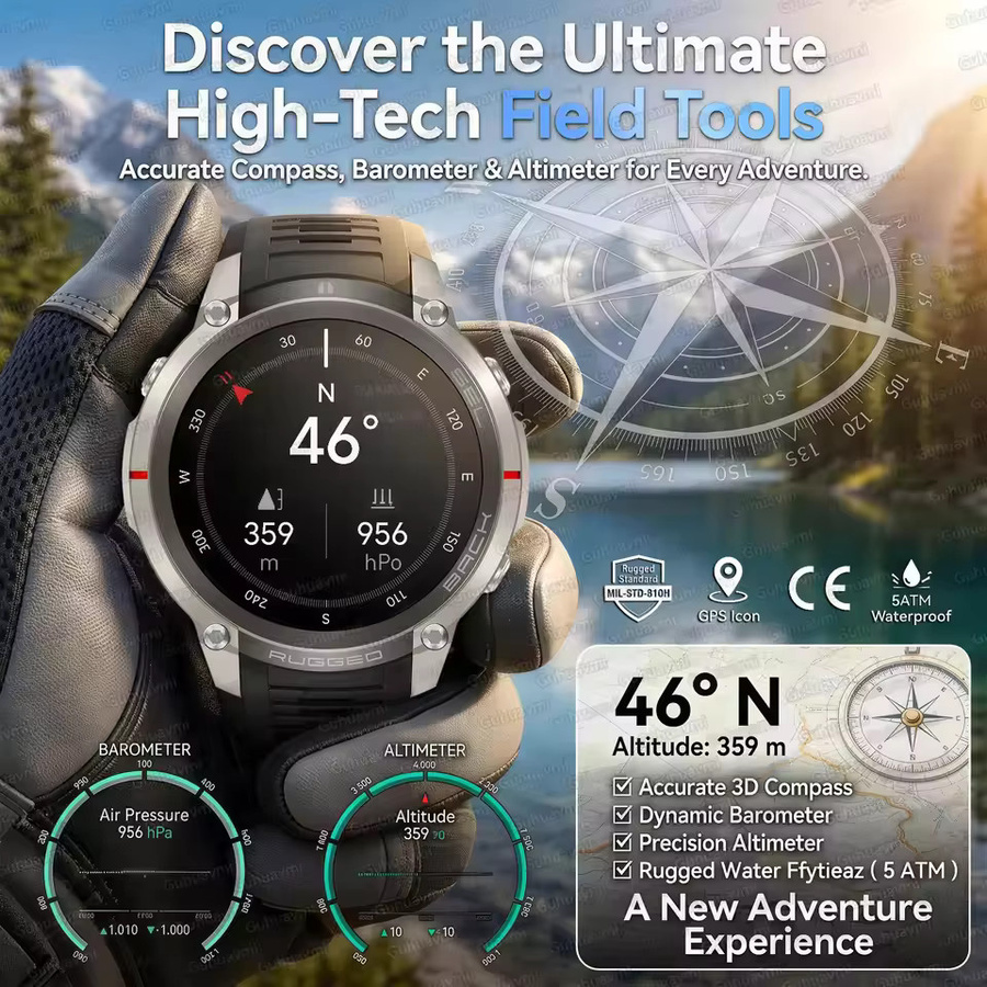 TAVYU Militär-GPS-Smartwatch für Männer mit 1,43 Zoll AMOLED Display, Bluetooth Anruffunktion, Kompass, 5ATM Wasserdicht, 500mAh Akku und 170+ Sportmodi, Schwarz - Bild 4