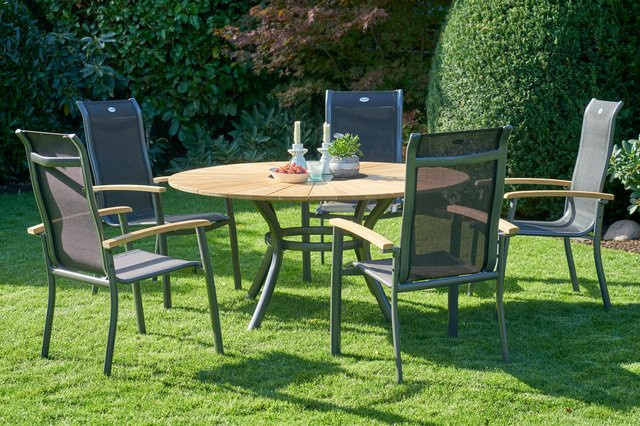 Hartman Provence Alice Garten-Essgruppe aus Aluminium und Teakholz in Anthrazit/Schwarz mit 5 Stapelsesseln und Eiskühler, Tisch Durchmesser: 150 cm - Bild 1