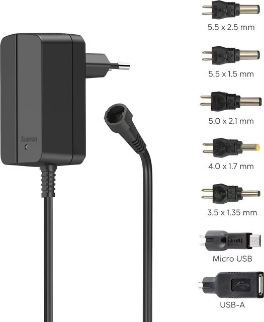 Hama Universal Schaltnetzteil Schwarz mit 7 Adaptern, 12 W max., 12 V max., 1000 mA, inklusive USB-A und Micro-USB - Bild 1