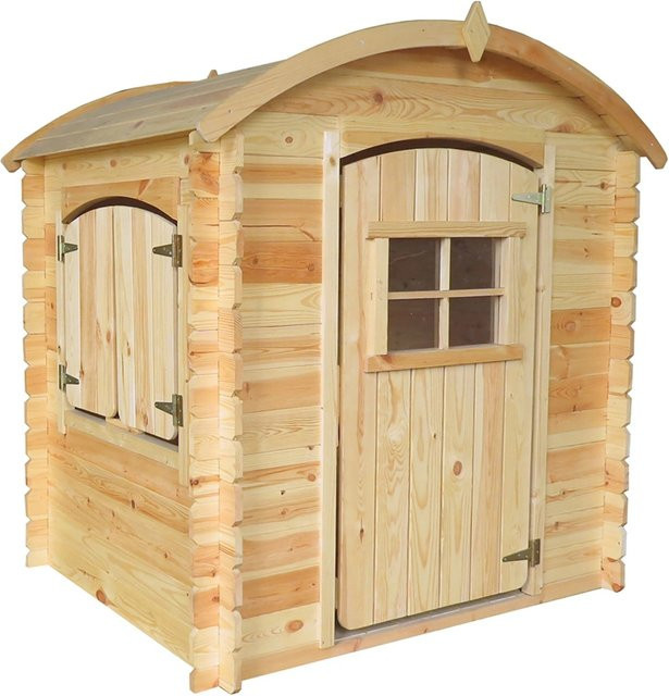 Timbela Kinderspielhaus aus Holz in Braun mit Boden und geschwungenem Dach - Bild 1