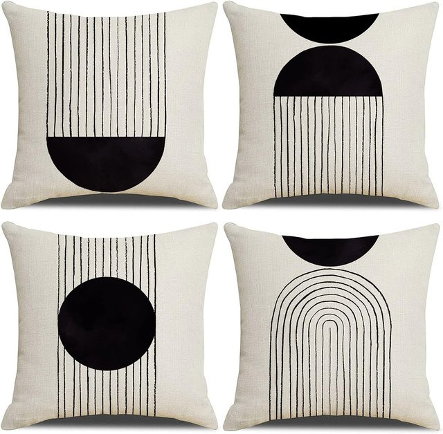 4er-Set JMG Clothing Kissenbezüge aus Leinen und Baumwolle mit Bohemian-Print in Schwarz-Weiß, B/H: 50 x 50 cm - Bild 1