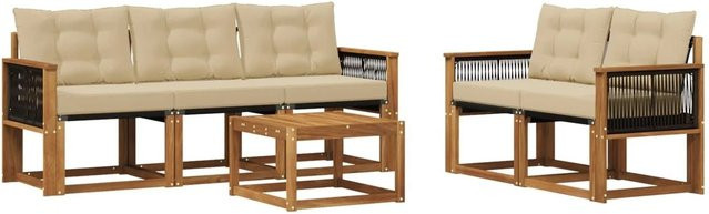vidaXL Outdoor-Sofagarnitur aus Akazienholz und Textilene in Natur und Beige mit 6-teiligem Set inklusive Kissen und Tisch - Bild 1