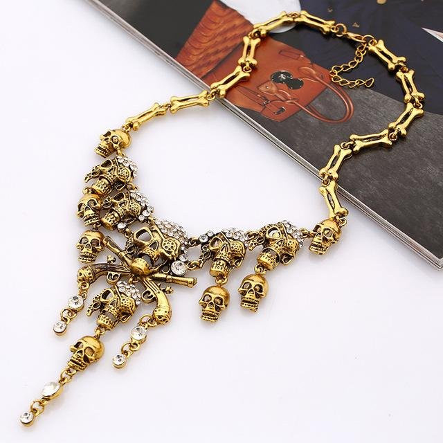 Wucifang Jewelry Halskette, Totenkopf, Quaste, Kristall, Metall, Gold, Unisex - Bild 1