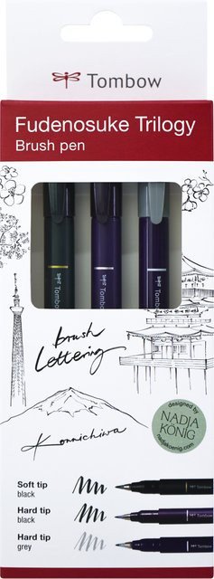 Tombow Fudenosuke Kalligraphie Brush Pens Trilogie in Schwarz, Grau und Multicolour - Bild 1