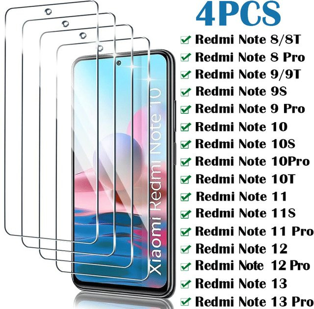 4 Stück Displayschutzfolie aus gehärtetem Glas für Xiaomi Redmi Note 8 9 10 11 Pro 8T 9S 10S 11S 9T 12 13 Pro, transparent - Bild 1
