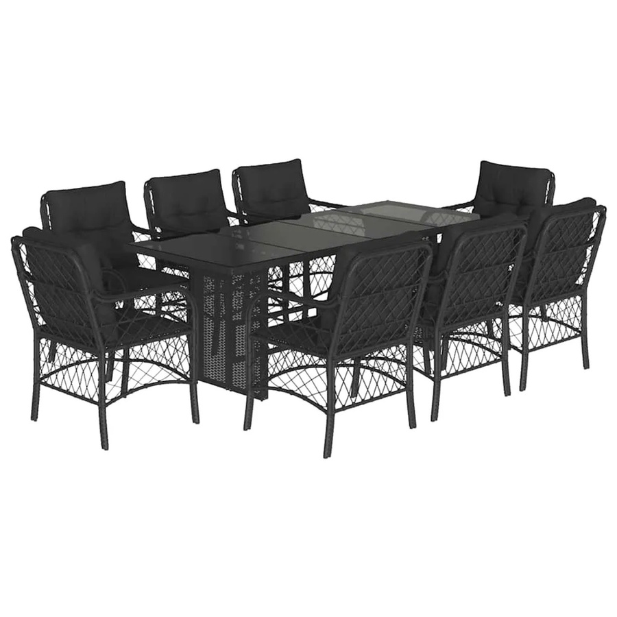 vidaXL 9-teilige Garten-Essgruppe aus schwarzem PE-Rattan mit Kissen und Hartglas-Tischplatte - Bild 2