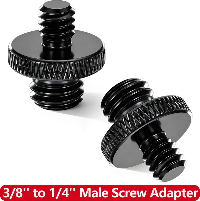 EXSKOF Stativschraubenadapter 3/8 Zoll Stecker auf 1/4 Zoll Außengewinde in Schwarz als Doppelkopfbolzen-Konverter für Kamerahalterungen, Licht und Einbeinstative - Bild 1